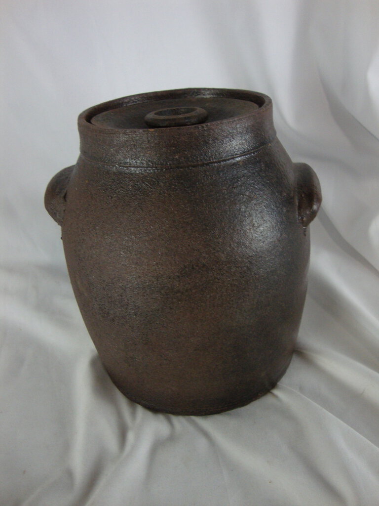 Vintage Folk Art Pottery Brown Small Butter Churn with Lid