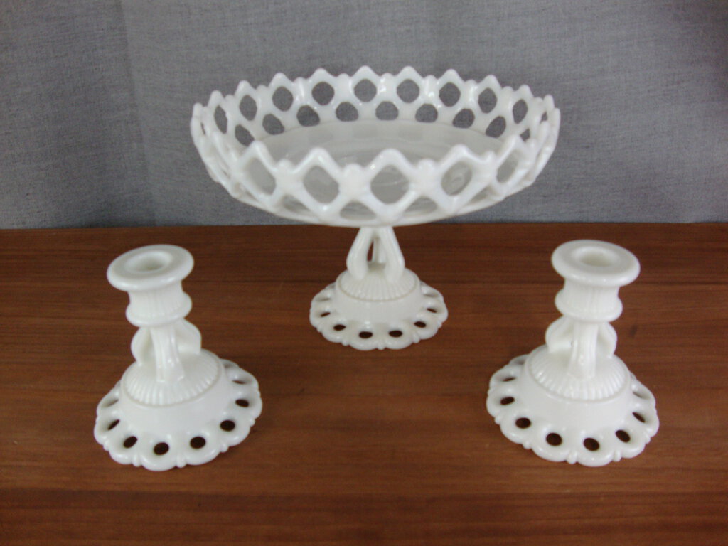 Vintage Westmoreland White Milk Glass Compote Console Bowl and (2) Candleholders Table Set