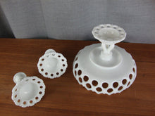 Load image into Gallery viewer, Vintage Westmoreland White Milk Glass Compote Console Bowl and (2) Candleholders Table Set
