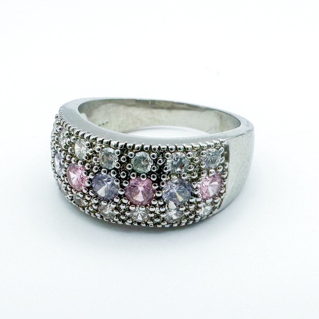 Vintage Sterling Silver Pave Setting Clear, Pink, & Purple Stones Ring, Size 8.25