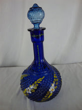 Load image into Gallery viewer, Vintage Cobalt Blue Glass Decanter with Handpainted Yellow Floral Matching Stopper
