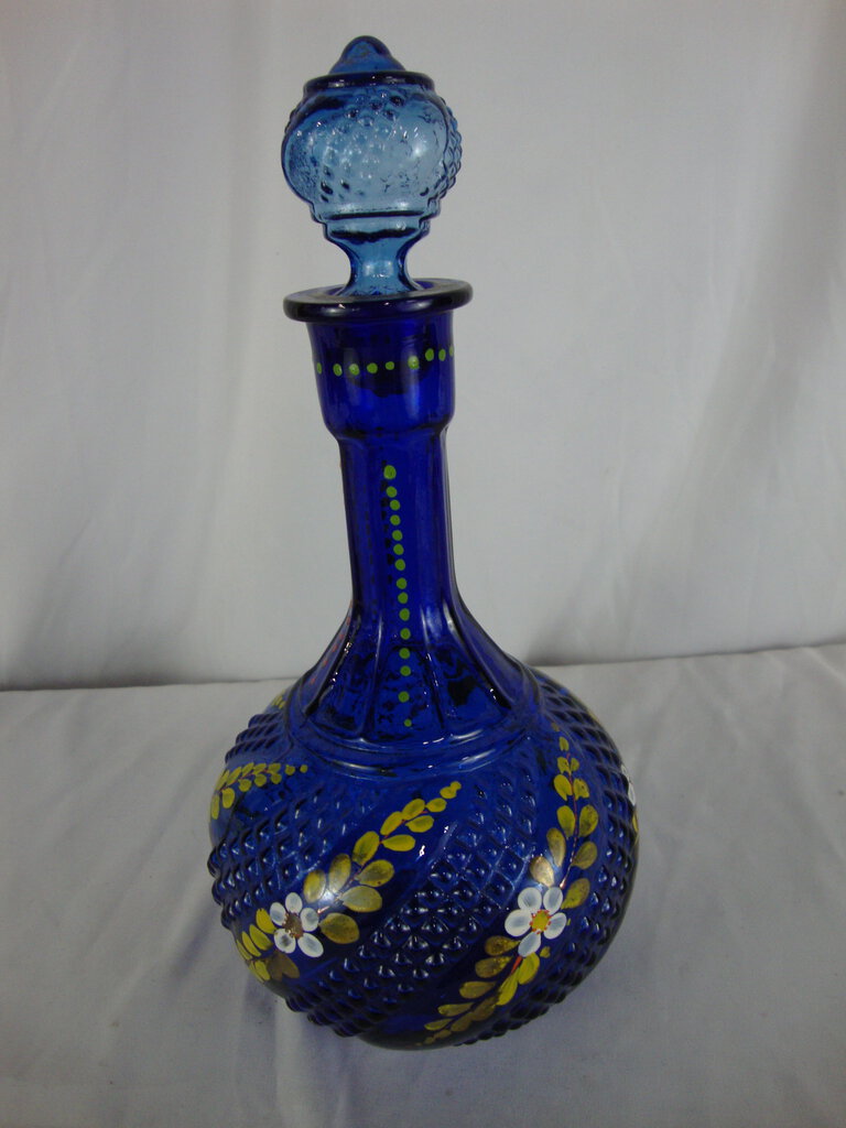 Vintage Cobalt Blue Glass Decanter with Handpainted Yellow Floral Matching Stopper