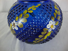 Load image into Gallery viewer, Vintage Cobalt Blue Glass Decanter with Handpainted Yellow Floral Matching Stopper
