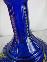 Load image into Gallery viewer, Vintage Cobalt Blue Glass Decanter with Handpainted Yellow Floral Matching Stopper
