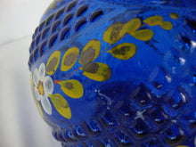 Load image into Gallery viewer, Vintage Cobalt Blue Glass Decanter with Handpainted Yellow Floral Matching Stopper
