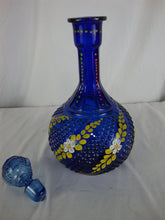 Load image into Gallery viewer, Vintage Cobalt Blue Glass Decanter with Handpainted Yellow Floral Matching Stopper
