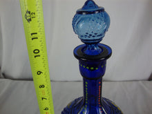 Load image into Gallery viewer, Vintage Cobalt Blue Glass Decanter with Handpainted Yellow Floral Matching Stopper
