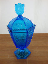 Load image into Gallery viewer, Vintage Imperial Glass Zodiac Signs Colonial Blue Pedestal Candy Dish with Lid
