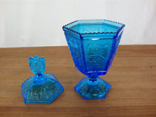 Load image into Gallery viewer, Vintage Imperial Glass Zodiac Signs Colonial Blue Pedestal Candy Dish with Lid
