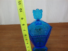 Load image into Gallery viewer, Vintage Imperial Glass Zodiac Signs Colonial Blue Pedestal Candy Dish with Lid
