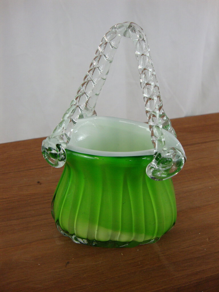 Vintage Hand Blown Glass Purse Shaped Vase Planter Green & White Interior