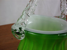 Load image into Gallery viewer, Vintage Hand Blown Glass Purse Shaped Vase Planter Green &amp; White Interior
