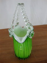 Load image into Gallery viewer, Vintage Hand Blown Glass Purse Shaped Vase Planter Green &amp; White Interior
