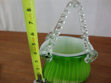 Load image into Gallery viewer, Vintage Hand Blown Glass Purse Shaped Vase Planter Green &amp; White Interior
