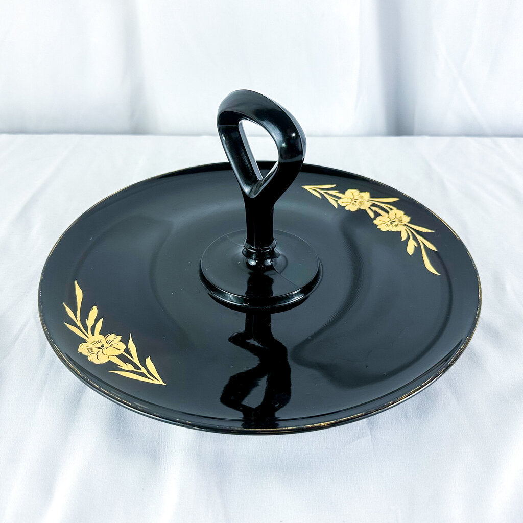 Vintage Black Amethyst Glass Painted Floral Tidbit Tray