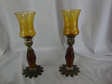 Load image into Gallery viewer, Vintage Amber Glass and Metal Candleholder Pair
