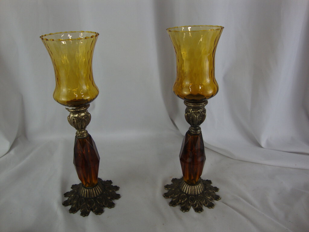 Vintage Amber Glass and Metal Candleholder Pair