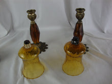 Load image into Gallery viewer, Vintage Amber Glass and Metal Candleholder Pair
