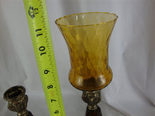 Load image into Gallery viewer, Vintage Amber Glass and Metal Candleholder Pair
