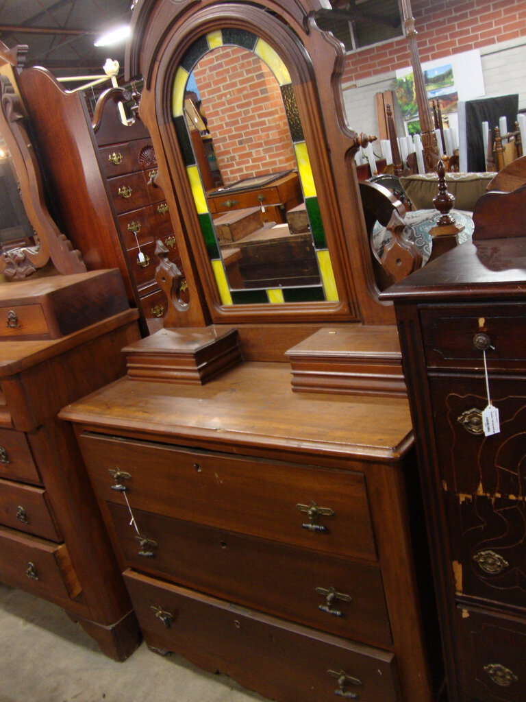 Vintage Walnut Three Drawer Dresser with Stained Glass Attached Mirror