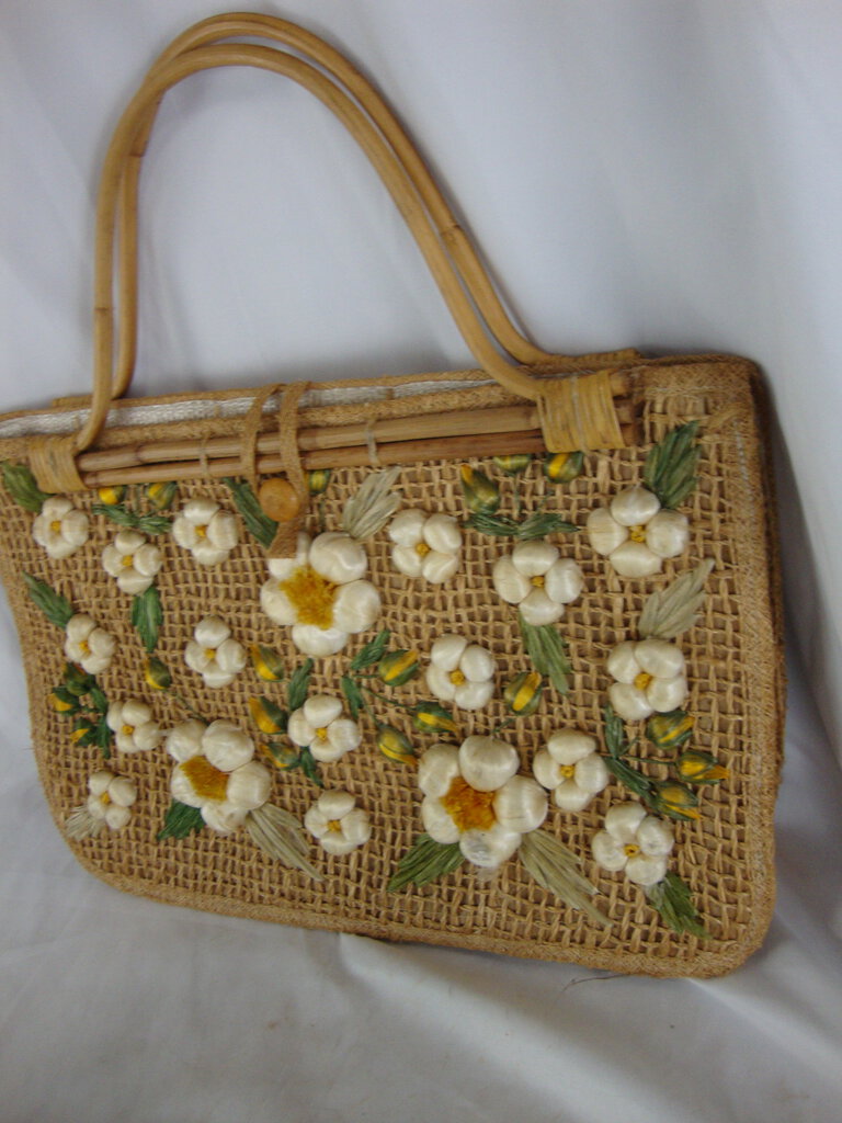 Vintage Bibi Cabana Woven Floral Bamboo Handle Purse