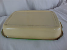 Load image into Gallery viewer, Vintage Farmhouse Enamel Cream with Green Trim Casserole Serving Pan Decor Only
