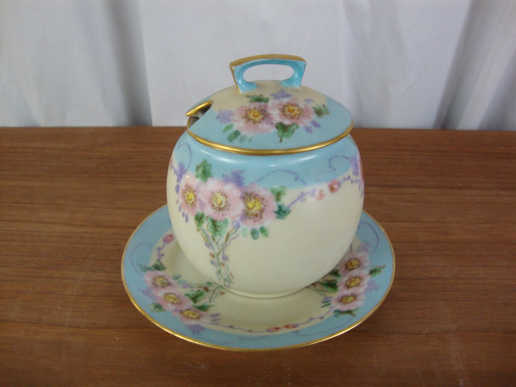 Antique Handpainted Floral 3 Piece Marmalade Lidded Jar with Underplate