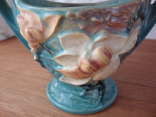 Load image into Gallery viewer, Vintage Roseville Pottery 383-7 Blue Magnolia Handled Basket
