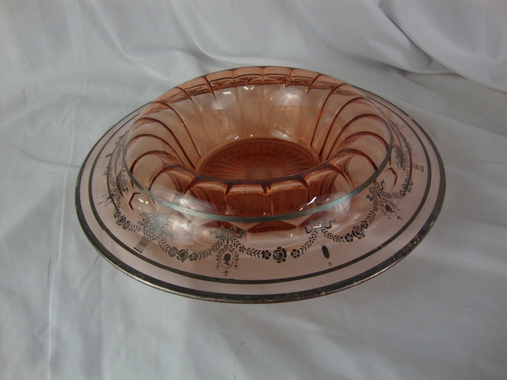 Antique Pink Depression Glass with Silver Cameo Floral Border Console Bowl