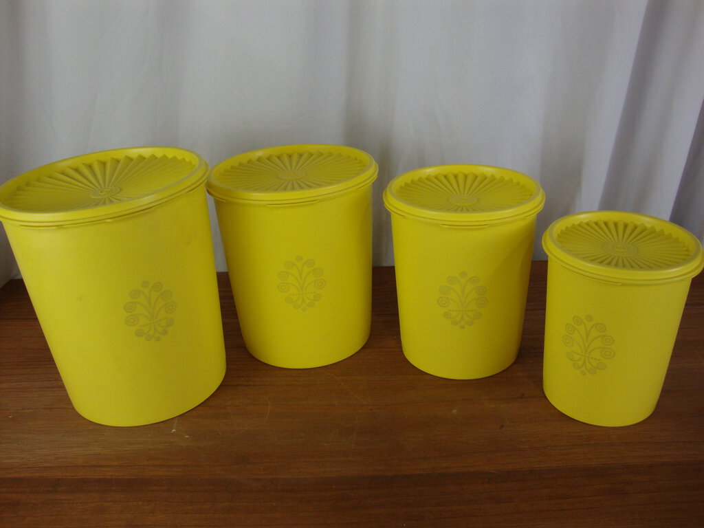 Vintage Tupperware Lemon Yellow Plastic Nesting Kitchen Canister Set of 4 with Lids