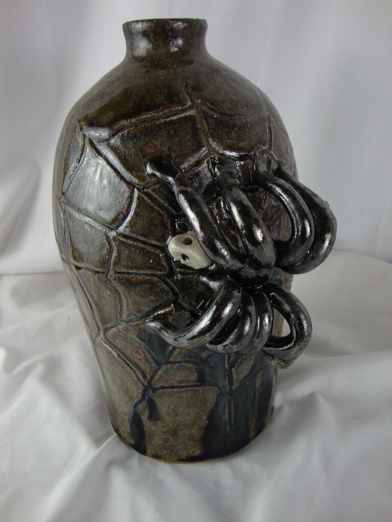 Jeff Standridge Folk Art Pottery 3D Spider Ugly Face Jug