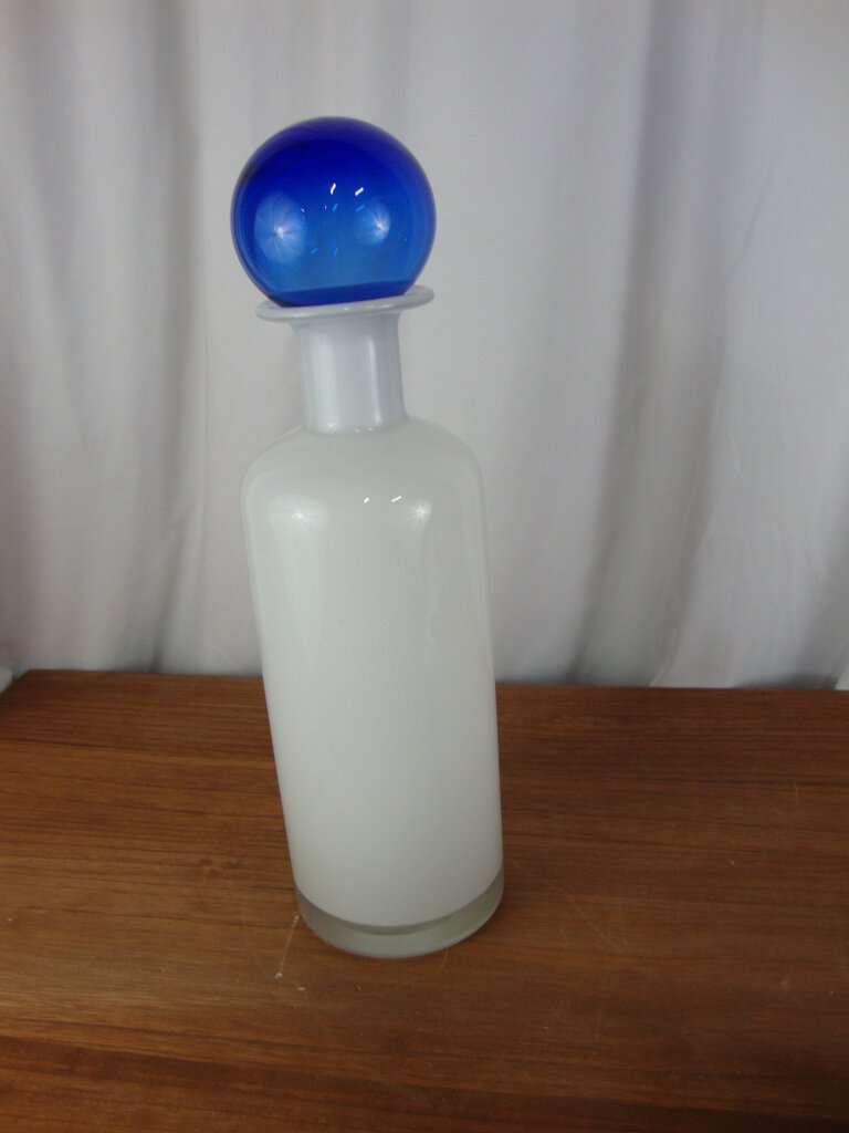 Vintage White Clear Glass Liquor Decanter with Cobalt Blue Ball Stopper