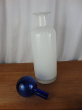 Load image into Gallery viewer, Vintage White Clear Glass Liquor Decanter with Cobalt Blue Ball Stopper
