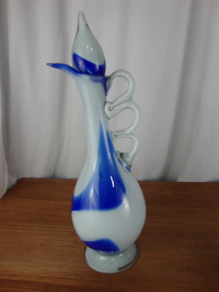 MCM White Cobalt Blue Blown Glass Liquor Decanter with Flame Stopper