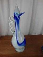 Load image into Gallery viewer, MCM White Cobalt Blue Blown Glass Liquor Decanter with Flame Stopper
