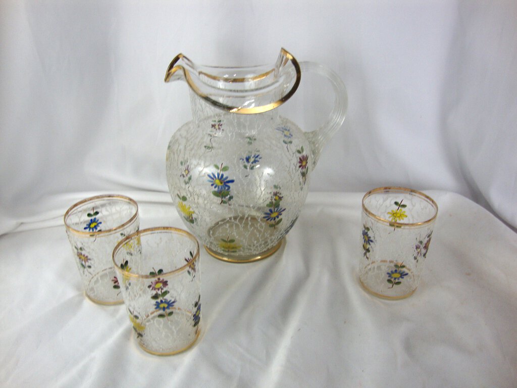 Vintage Fenton for LG Wright Floral Gold Trim Beverage Pitcher with Three Tumblers Set