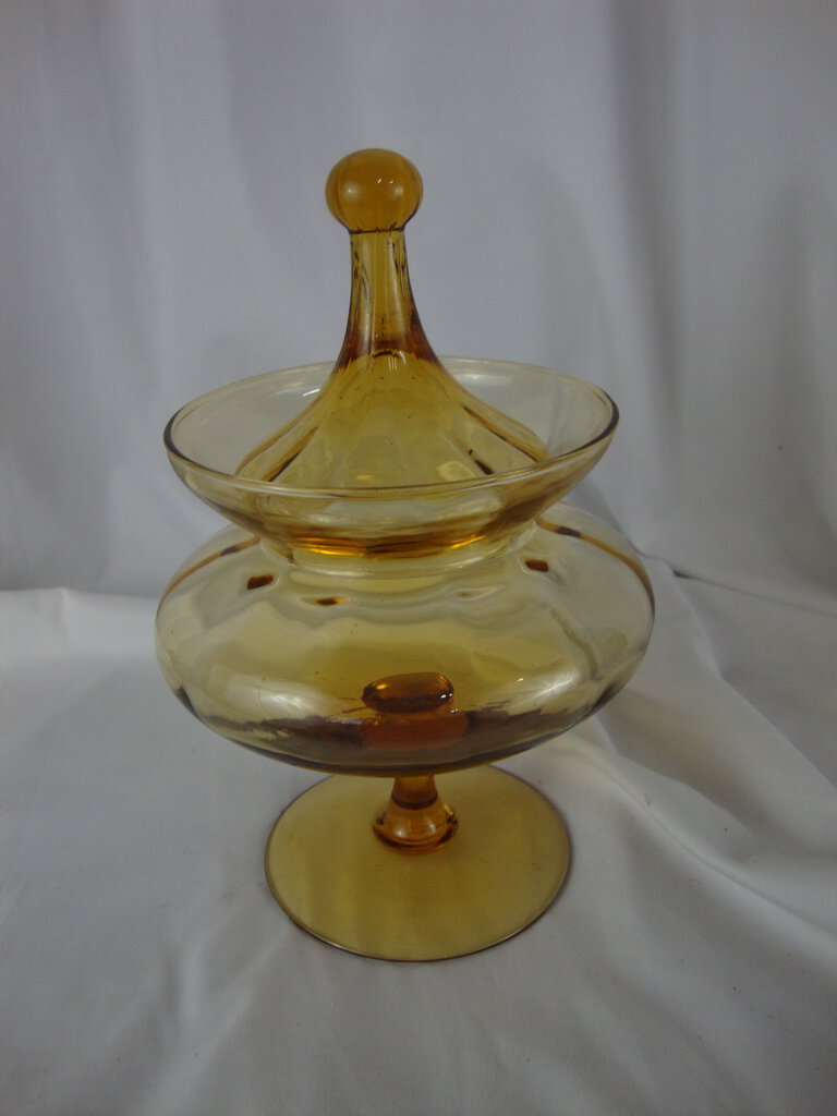 Vintage Empoli Amber Glass Circus Tent Apothecary Lidded Jar