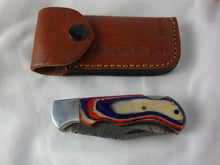 Load image into Gallery viewer, Custom Damascus Style Folding 3&quot; Blade Knife with Red/White/Blue Handle with Sheath
