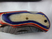 Load image into Gallery viewer, Custom Damascus Style Folding 3&quot; Blade Knife with Red/White/Blue Handle with Sheath
