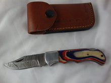 Load image into Gallery viewer, Custom Damascus Style Folding 3&quot; Blade Knife with Red/White/Blue Handle with Sheath
