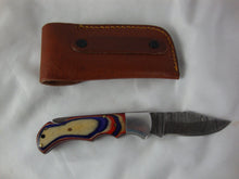 Load image into Gallery viewer, Custom Damascus Style Folding 3&quot; Blade Knife with Red/White/Blue Handle with Sheath
