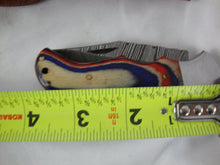 Load image into Gallery viewer, Custom Damascus Style Folding 3&quot; Blade Knife with Red/White/Blue Handle with Sheath
