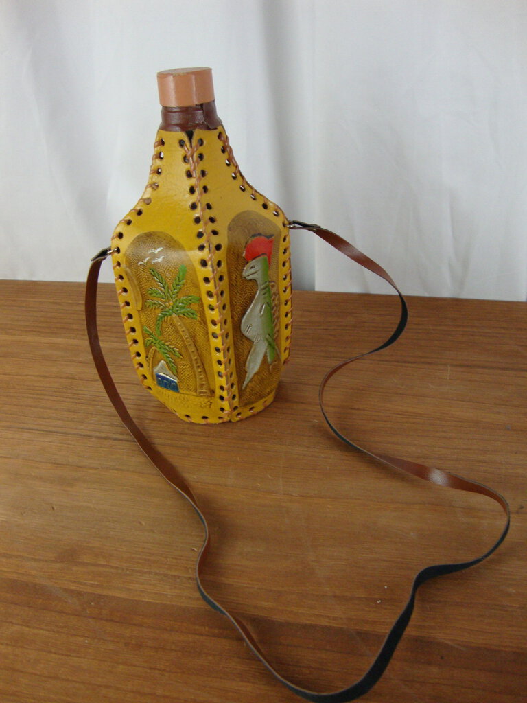 Vintage Cayman Islands BWL Souvenir Leather Covered Decanter Empty Bottle