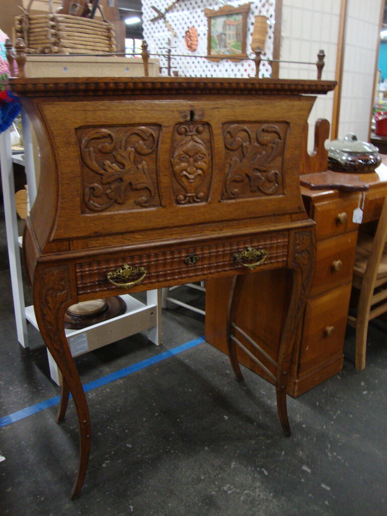 Antique Oak Carved Face Ladies Writing Desk with Gallery Rail