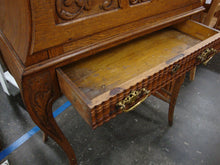 Load image into Gallery viewer, Antique Oak Carved Face Ladies Writing Desk with Gallery Rail

