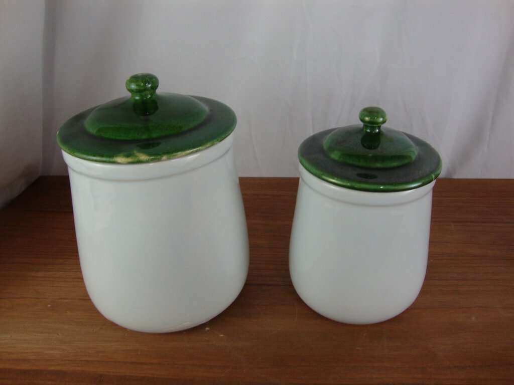 Vintage McCoy Stoneware White Canisters with Green Lids Set of 2