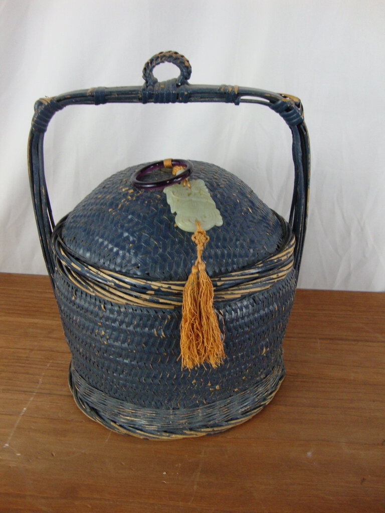 Vintage Asian Chinese Woven Lidded Wedding Basket With Jade Pendant