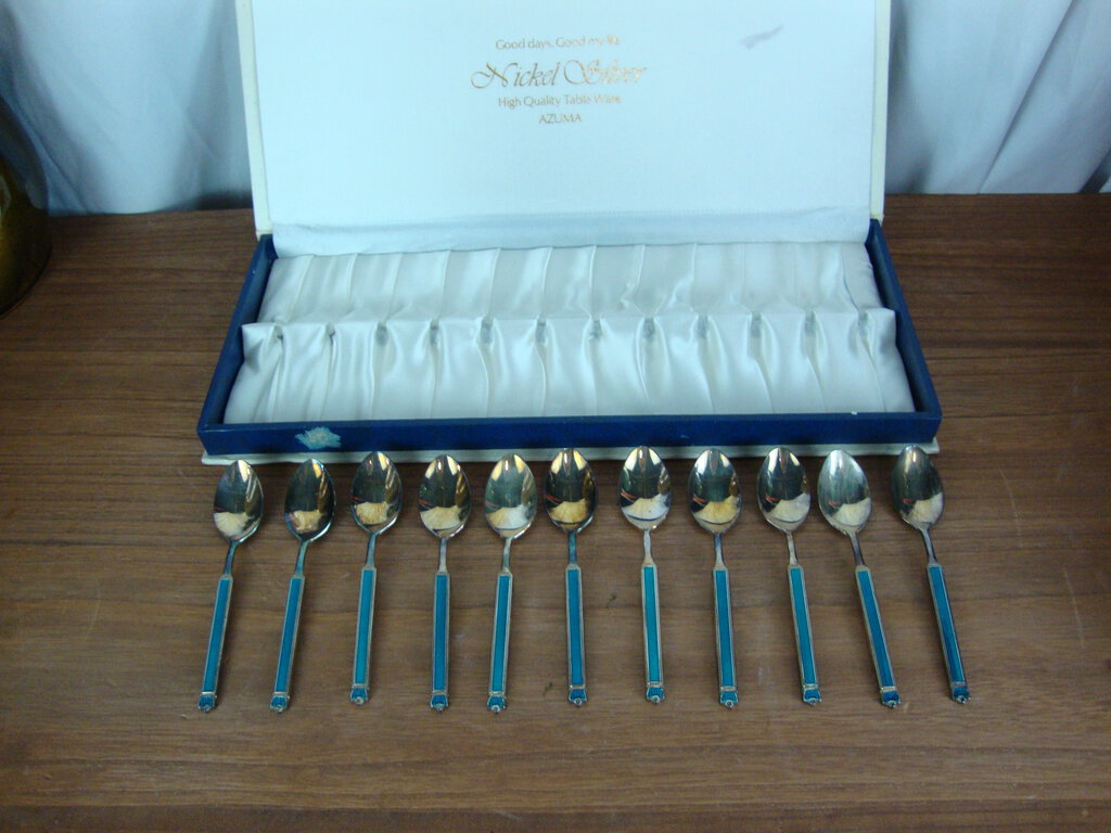 Vintage Azuma Nickel Silver Demitasse Spoons with Teal Lucite