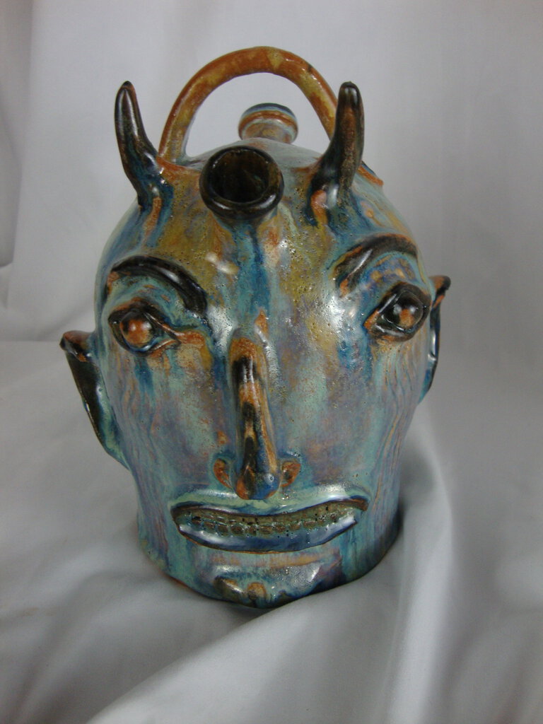 Marvin Bailey Potter Folk Art Streaked Devil Double Spout Ugly Face Jug