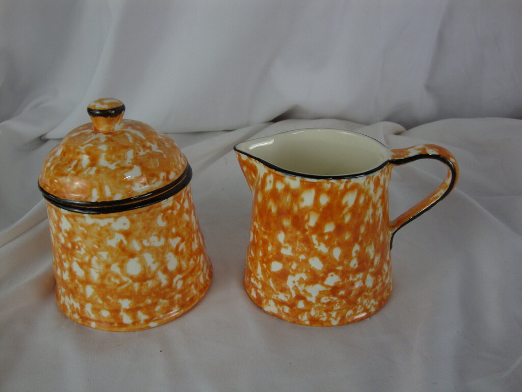 Vintage Stangl Pottery Town & Country Orange Sponge Ware Covered Sugar Bowl & Creamer Table Set